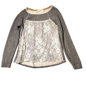 Rewind Gray with White Lace Overlay Women's Top Long Sleeve Shirt M 38